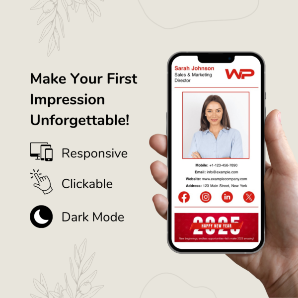 Happy New Year 2025 HTML Email Signature Mobile View - Responsive and Clickable